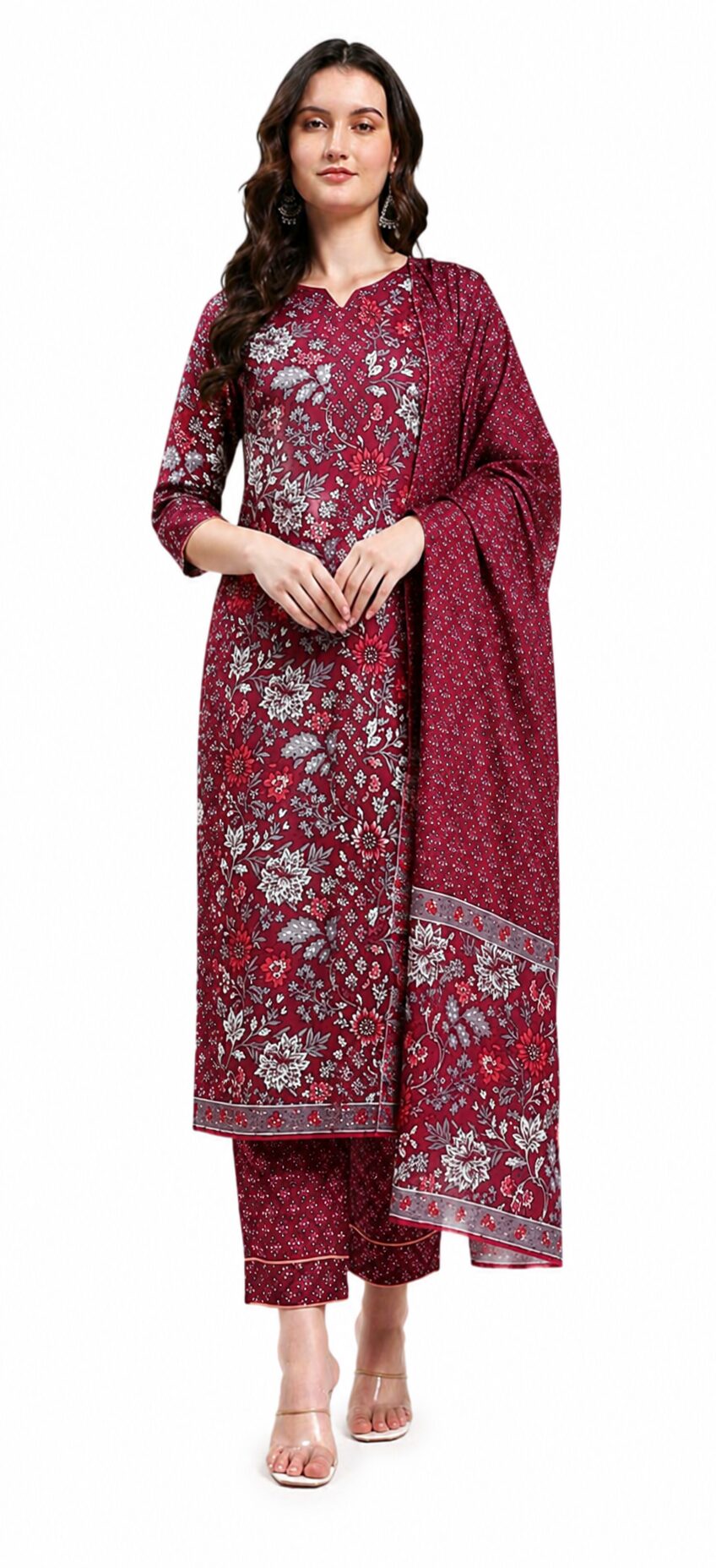 Women's Dark Wine Floral Print Kurta Pant Dupatta Set, 3 Piece, Poly Rayon, Regular Fit, Traditional Ethnic Wear - Image 3