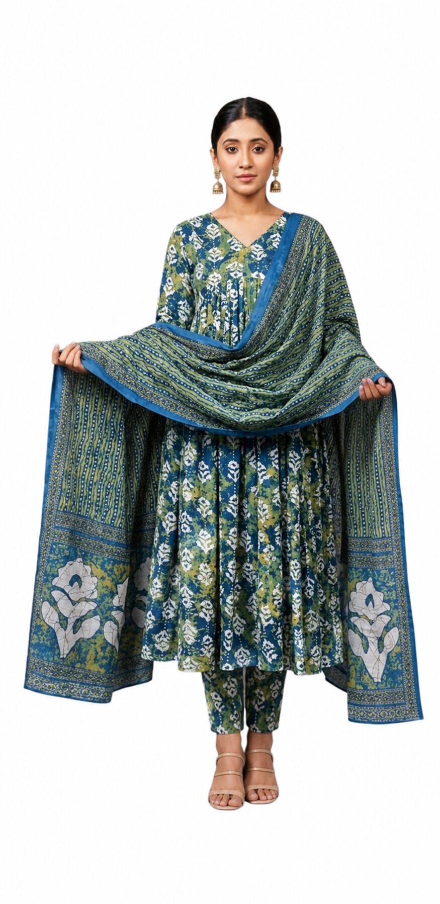 Women's Floral Print Kurta Pant Dupatta Set, Blue & Green, Poly Rayon, Regular Fit, 3 Piece Ethnic Wear - Image 3
