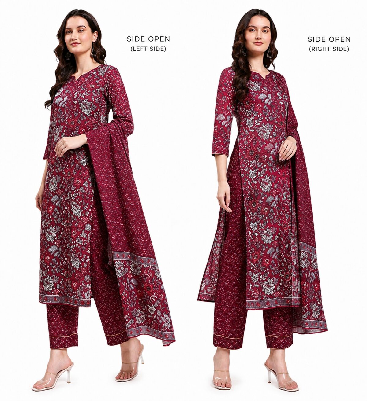 Women's Dark Wine Floral Print Kurta Pant Dupatta Set, 3 Piece, Poly Rayon, Regular Fit, Traditional Ethnic Wear - Image 4