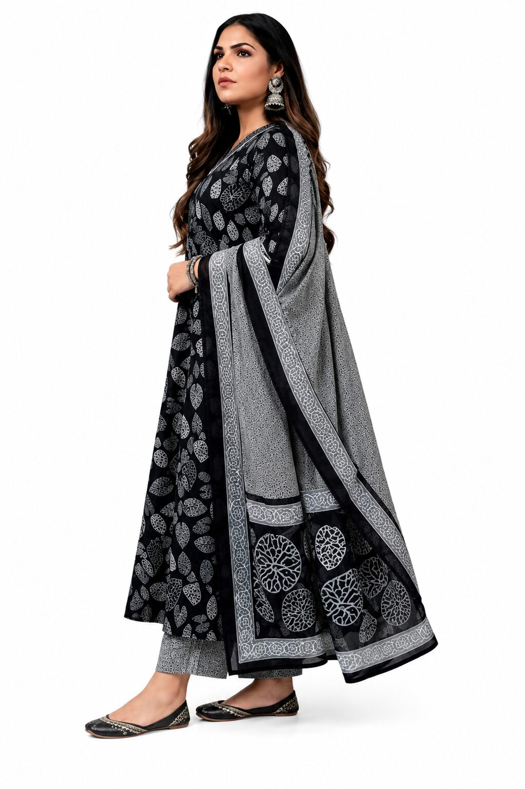 Women's Kurta Pant Dupatta Set, Black with White Floral Print, Poly Rayon, Regular Fit, 3 Piece Ethnic Wear - Image 2