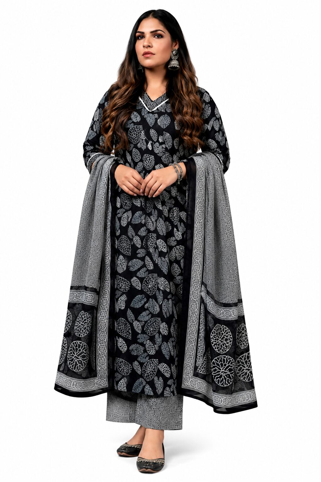 Women's Kurta Pant Dupatta Set, Black with White Floral Print, Poly Rayon, Regular Fit, 3 Piece Ethnic Wear - Image 3