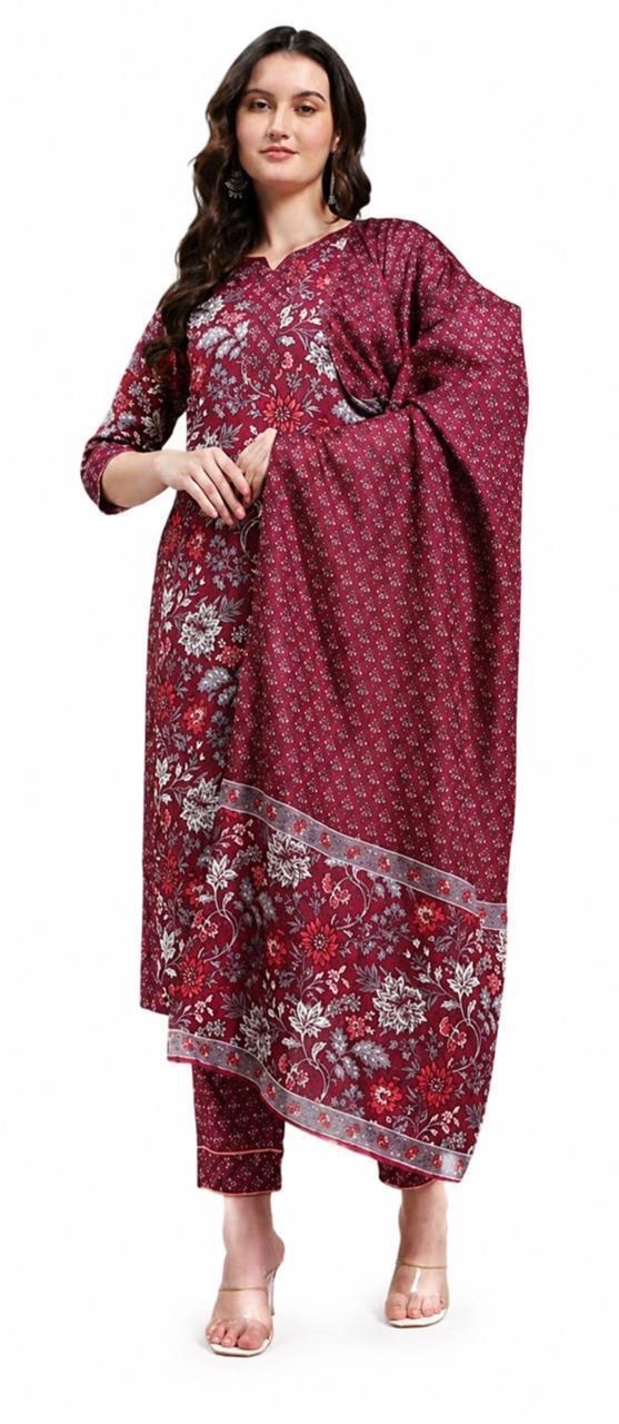 Women's Dark Wine Floral Print Kurta Pant Dupatta Set, 3 Piece, Poly Rayon, Regular Fit, Traditional Ethnic Wear - Image 5
